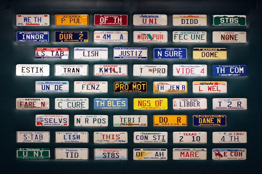 A large number of license plates on a wall