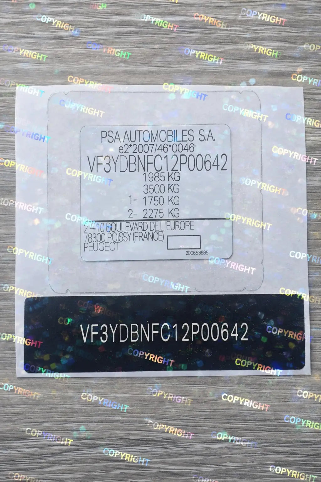 Peugeot VIN Sticker Replacement Set UK