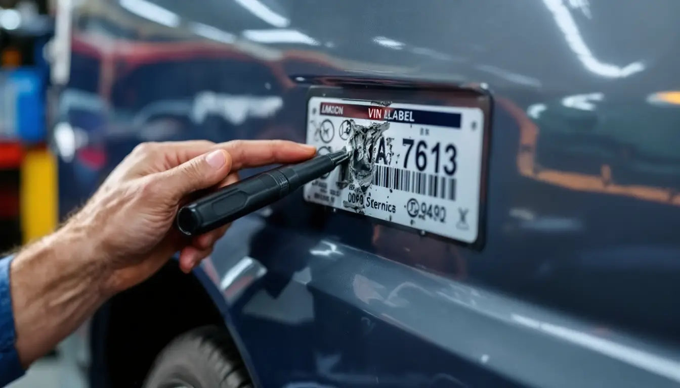 Mechanic checking missing VIN label for replacement