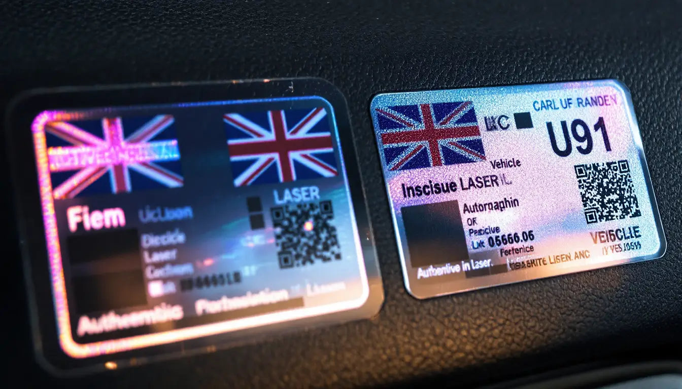 Authentic vs tampered vehicle identification labels in the UK