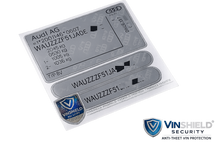 Order a complete Audi VIN replacement set including an Audi door / B-pillar VIN label, Audi windscreen VIN sticker, and Audi chassis VIN plate. Manufactured in the UK using durable automotive-grade materials for a clean, professional finish.