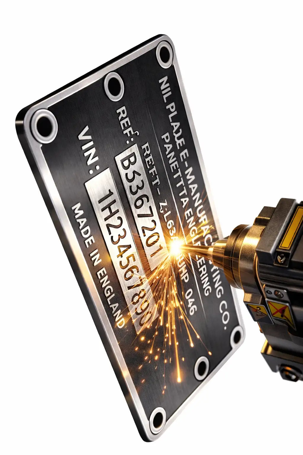 Black metal plate with silver edges and engraved white text, featuring a vin number and manufacturer details.