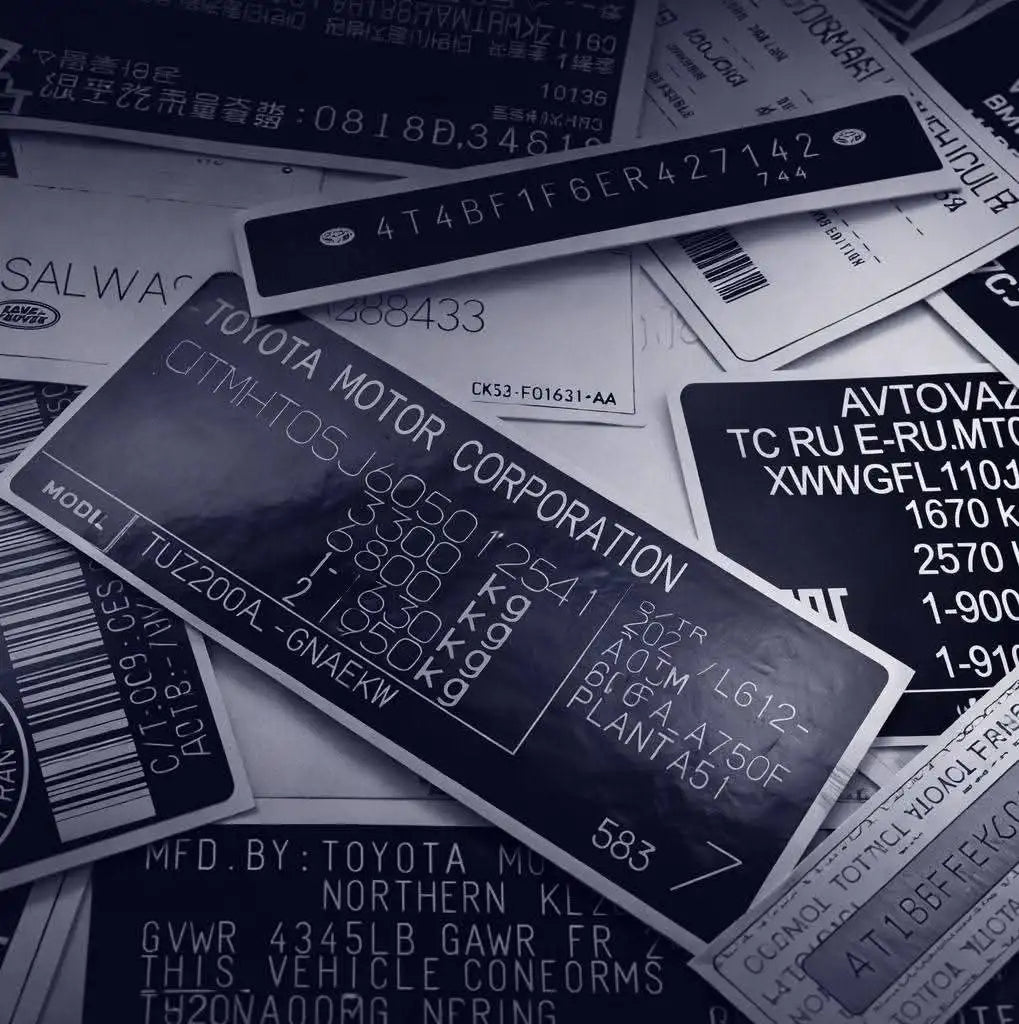 Black rectangular toyota motor corporation vehicle identification plate with white printed text and a barcode.