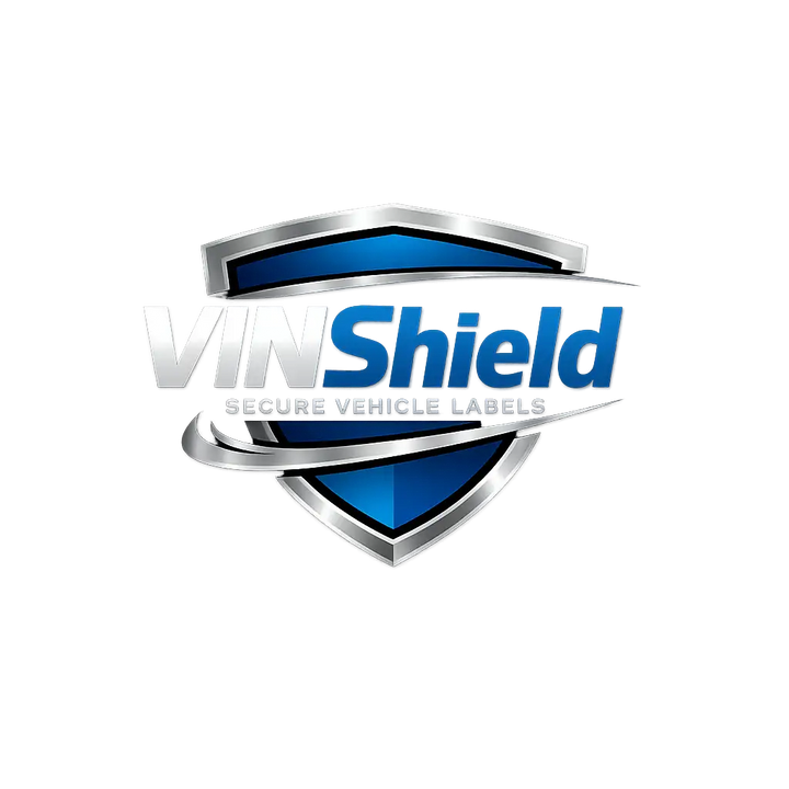 Blue and silver shield-shaped logo for vinshield secure vehicle labels.