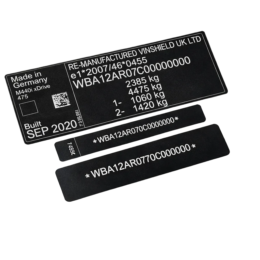 Order a complete VIN sticker and plate replacement set manufactured in the UK using durable automotive-grade materials. This matched set includes a door/B-pillar VIN label, windscreen VIN label, and chassis VIN plate.