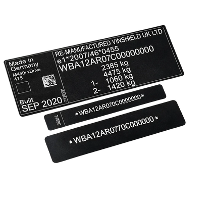 Order a complete VIN sticker and plate replacement set manufactured in the UK using durable automotive-grade materials. This matched set includes a door/B-pillar VIN label, windscreen VIN label, and chassis VIN plate.