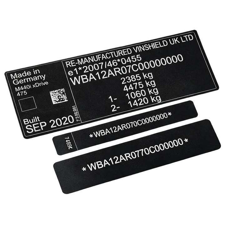 Order a complete VIN sticker and plate replacement set manufactured in the UK using durable automotive-grade materials. This matched set includes a door/B-pillar VIN label, windscreen VIN label, and chassis VIN plate.