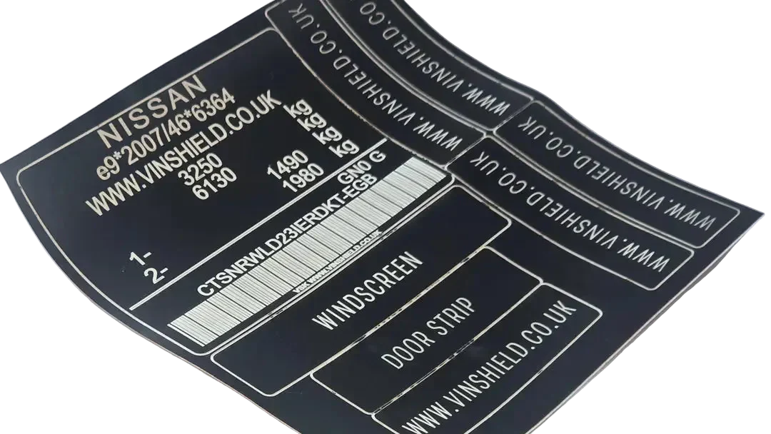 Nissan replacement VIN sticker with barcode and vehicle weight details by Vin Shield UK, anti-tamper and DVLA compliant.
