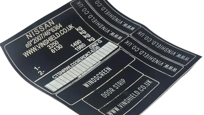 Nissan replacement VIN sticker with barcode and vehicle weight details by Vin Shield UK, anti-tamper and DVLA compliant.
