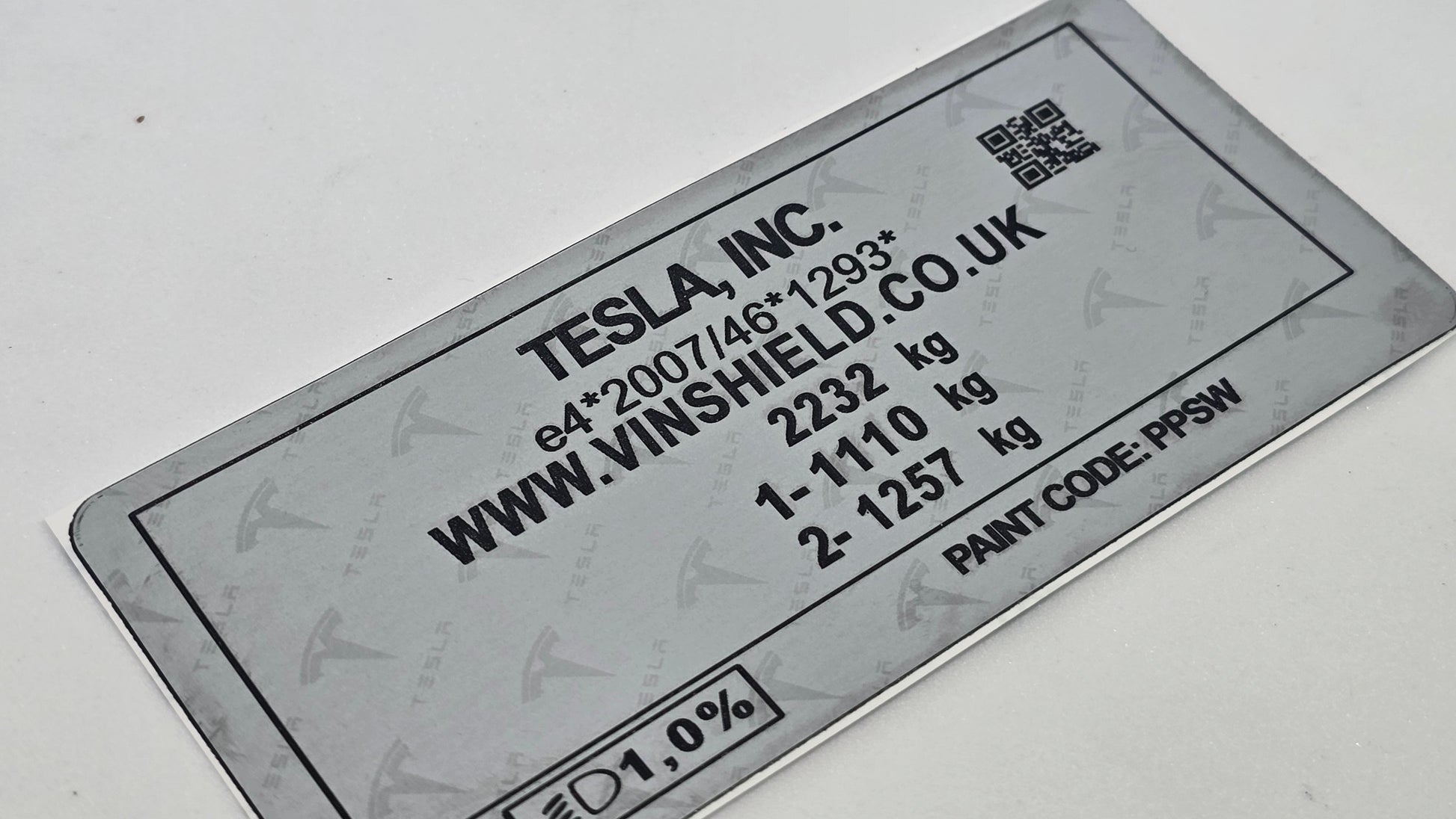 Order a complete Tesla VIN replacement set including a door / B-pillar VIN label, windscreen VIN sticker, and chassis / data plate. Manufactured in the UK using durable automotive-grade materials suitable for electric vehicles.
