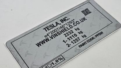 Order a complete Tesla VIN replacement set including a door / B-pillar VIN label, windscreen VIN sticker, and chassis / data plate. Manufactured in the UK using durable automotive-grade materials suitable for electric vehicles.