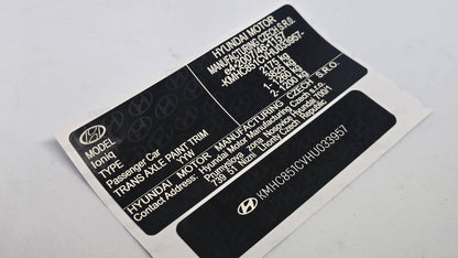 Order a complete Hyundai VIN replacement set including a door / B-pillar VIN label, windscreen VIN sticker, and chassis VIN plate / engine bay data plate. Manufactured in the UK using durable automotive-grade materials for long-lasting identification.