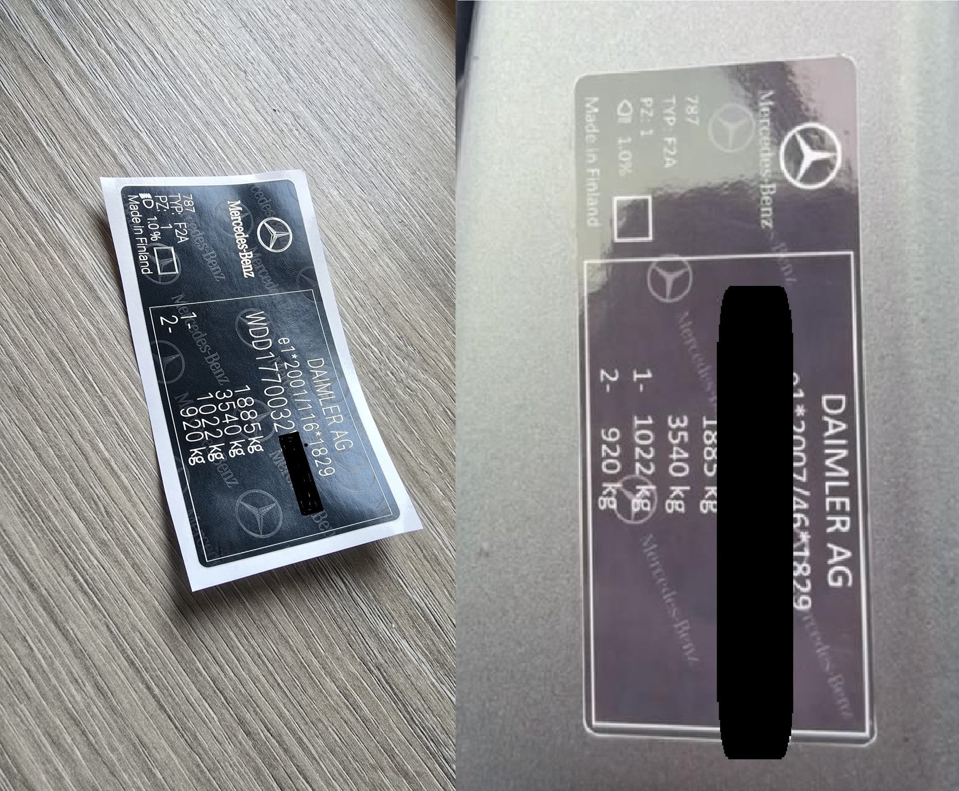 Order a complete Mercedes-Benz VIN replacement set including a door / B-pillar vehicle identification label, windscreen VIN label, and chassis VIN plate / engine bay data plate. Manufactured in the UK using durable automotive-grade materials for long-lasting identification.