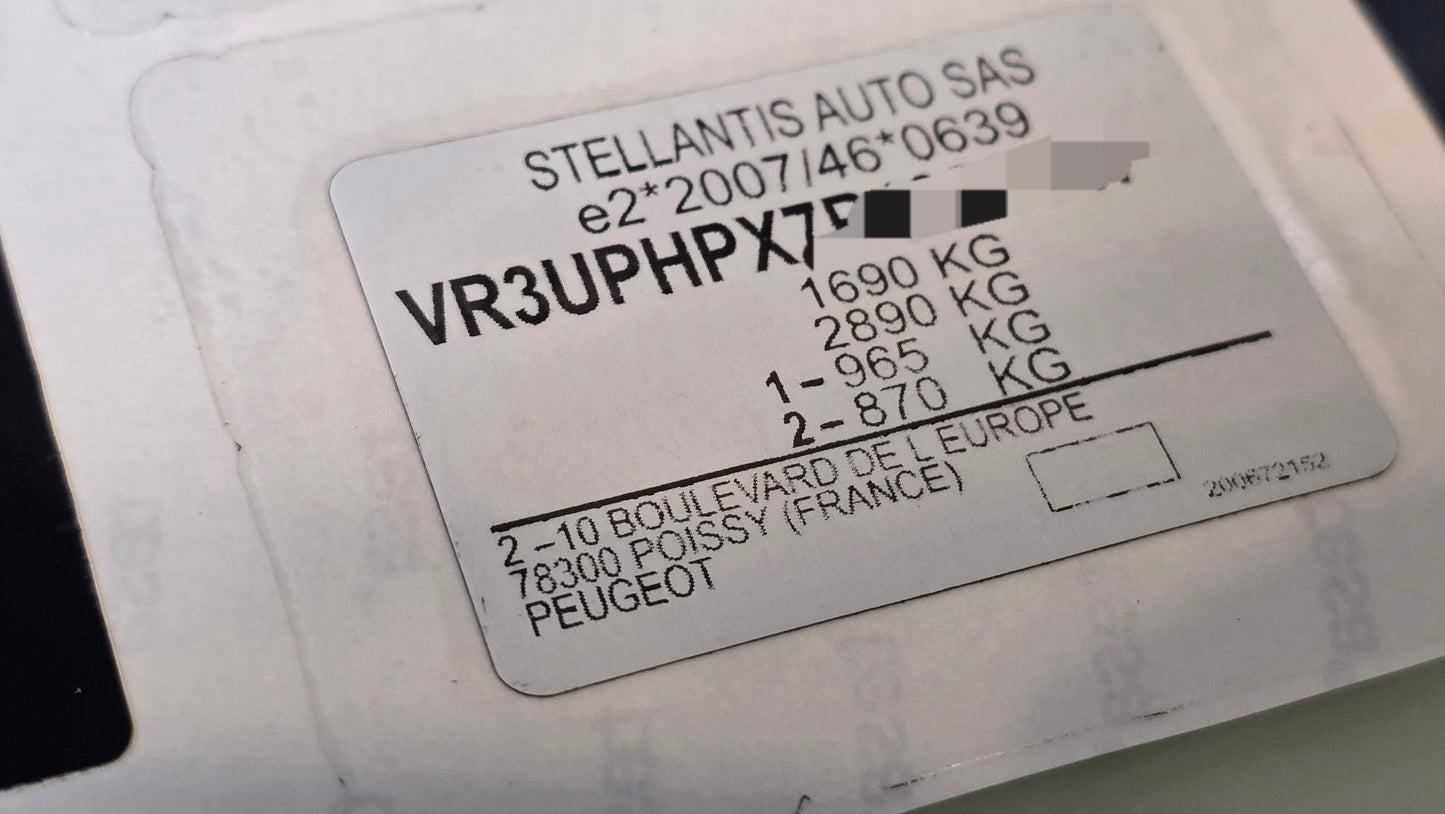 Peugeot VIN Sticker Replacement Set UK - VIN tag sticker decal plate