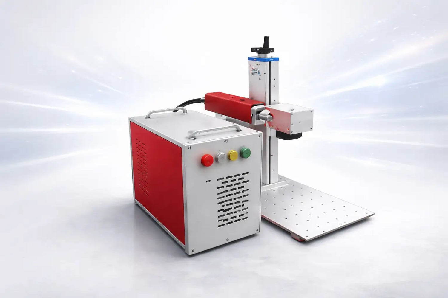 Red and silver industrial laser engraving machine with a vertical arm, control panel featuring red, yellow, and green buttons.