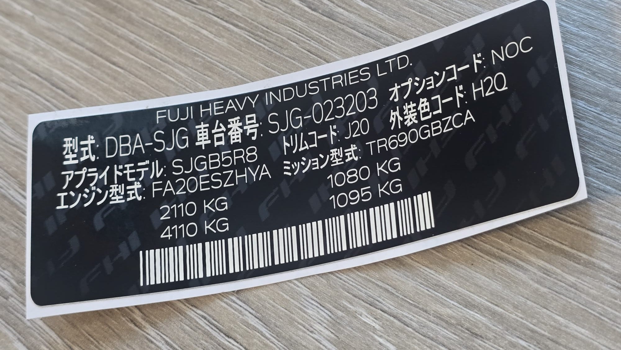 vin sticker for Subaru 