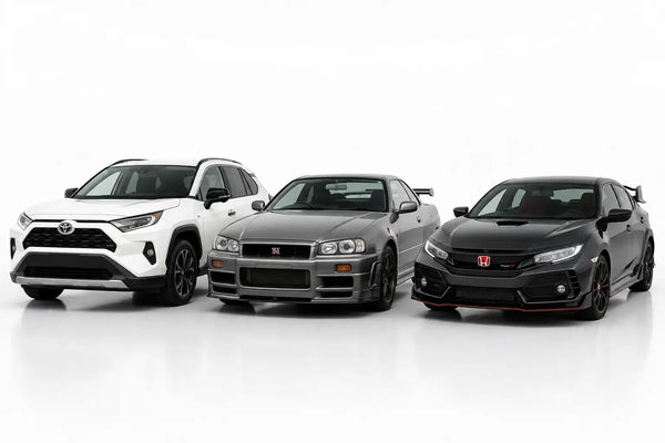 Three high-performance sports cars, including a white toyota rav4, a gray nissan gt-r with distinctive front grille and side skirts, and a black honda civic type r.