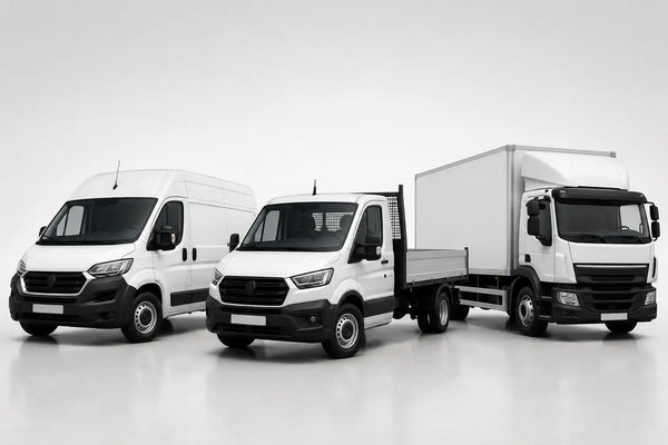Three white commercial vans with black trim and modern front grilles, including a high-roof van, a medium-duty pickup truck, and a flatbed delivery truck.