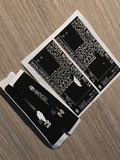 Order a complete Toyota VIN replacement set including a Toyota door / B-pillar VIN label, Toyota windscreen VIN sticker, and Toyota chassis VIN plate