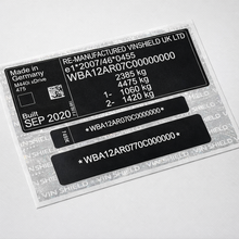 Order a complete VIN sticker and plate replacement set manufactured in the UK using durable automotive-grade materials. This matched set includes a door/B-pillar VIN label, windscreen VIN label, and chassis VIN plate.