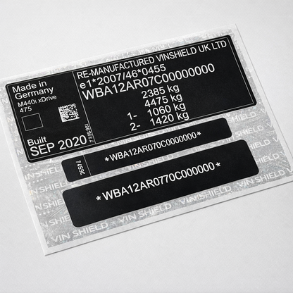 Order a complete VIN sticker and plate replacement set manufactured in the UK using durable automotive-grade materials. This matched set includes a door/B-pillar VIN label, windscreen VIN label, and chassis VIN plate.